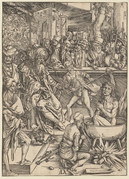 Die Marter des Evangelisten Johannes, aus der Folge der Apokalypse, Urausgabe Deutsch 1498 de Alberto Durero