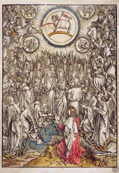 The Lamb of God appears on Mount Sion, 1498 (colour woodcut) de Alberto Durero