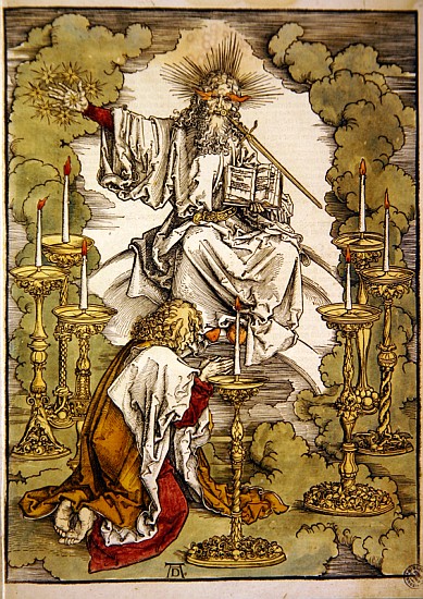St. John on the Island of Patmos receives inspiration from God to create the Apocalypse, 1498 (colou de Alberto Durero