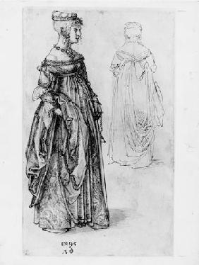 Frau in venezianischem Kostuem, daneben dasselbe Kostuem von rueckwaerts
