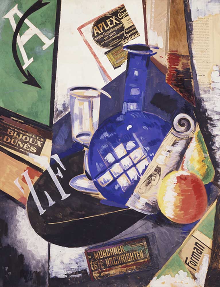 Still life with bottle and glass, by Alexandra Exter (1882-1949), oil and collage on canvas, 68x53 c de Aleksandra Aleksandrovna Ekster