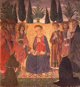 Madonna and Child with SS. Cosmas and Damian, John the Baptist, Lawrence, Julian and Anthony; kneeli