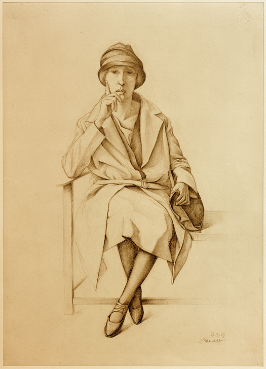 Sitzendes junges Mädchen in Mantel und Hut de Alexander Kanoldt