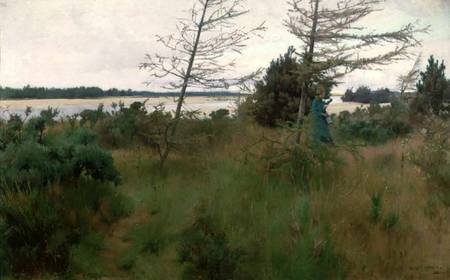 Gathering Firewood by the shore of a lake de Alexander Mann