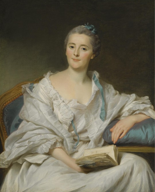 Portrait of Marie-Françoise Julie Constance Filleul, Marquise de Marigny with a book de Alexander Roslin
