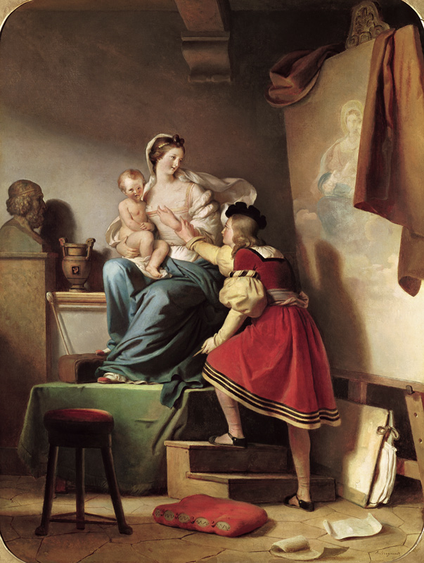 Raphael Adjusting his Model''s Pose for his Painting of the Virgin and Child de Alexandre Evariste Fragonard