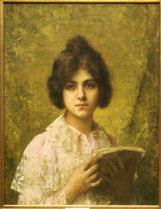 Junge Frau, ein Buch haltend. de Alexei Alexevich Harlamoff