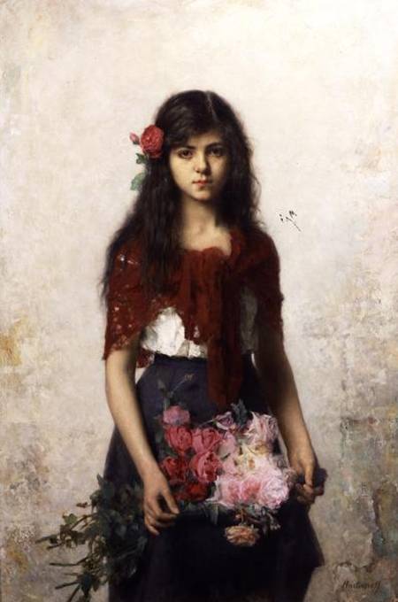 Young girl with blossoms de Alexei Alexevich Harlamoff