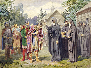 Fürst Dimitry bei Sergej von Radonesch vor der Schlacht gegen die Tataren de Alexej Danilovich Kivschenko