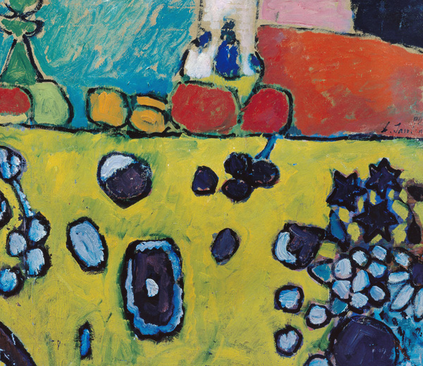 Still life with a colourful tablecloth de Alexej von Jawlensky
