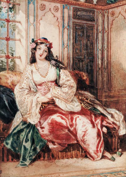 A Lady Seated in an Ottoman Interior Wearing Turkish Dress de Alfred-Edward Chalon