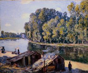 Huts at the Loing channel in the sunlight. de Alfred Sisley