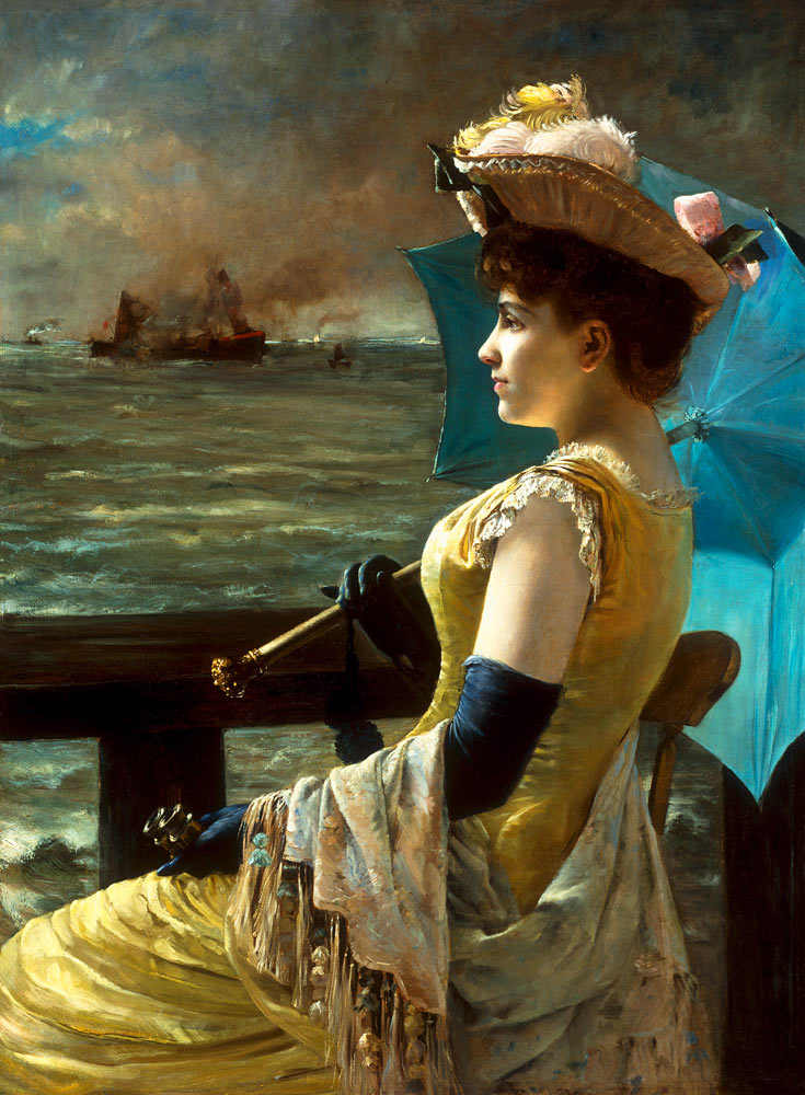 Dame mit einem Sonnenschirm, aufs Meer hinausschauend. de Alfred Stevens