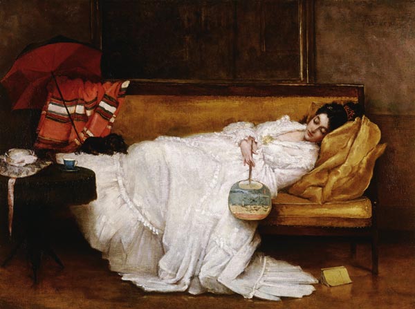 Schlafende junge Frau mit japanischem Fächer. de Alfred Stevens