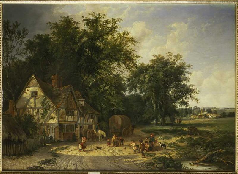 Ball playing boys in front of the pub of The Gun de Alfred Walter Williams