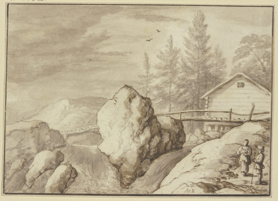 Zwischen Felsstücken ein Wasserfall, dabei ein Steg und ein Haus, rechts zwei Figuren de Allaert van Everdingen