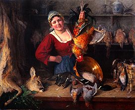 Dutch maid at a sales stand with poultry and deer de Aloys Eckhardt