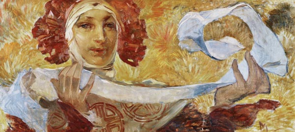 Woman with scarf.  de Alphonse Mucha