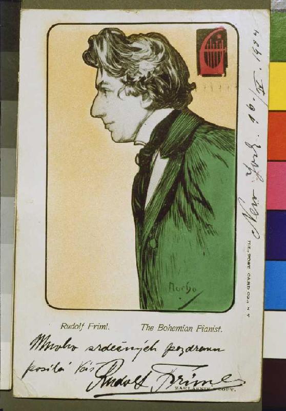 The Bohemian pianist Rudolf Friml postcard with de de Alphonse Mucha