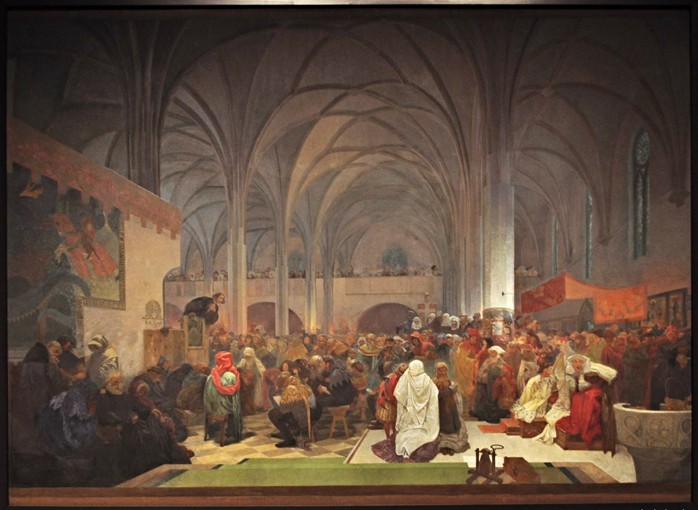 Master Jan Hus Preaching at the Bethlehem Chapel (The cycle The Slav Epic) de Alphonse Mucha