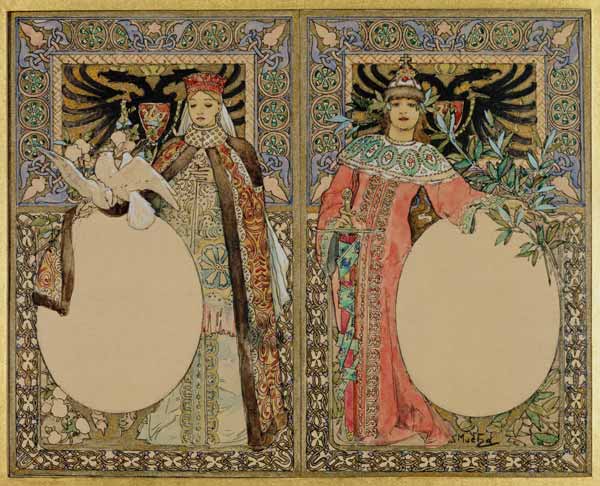 Buch-Illustration mit Frauen in Tracht. de Alphonse Mucha