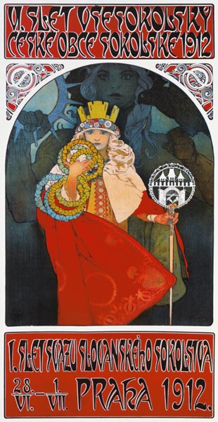 Plakat zum 6. Treffen der tschechischen Sokol-Vereinigung, Prag 1912.  de Alphonse Mucha