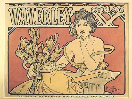 Verkehr / Fahrrad: - ''Waverley Cycles''. - (Werbung fuer Waverley Fahrraeder). Plakat, 1898,von Alf de Alphonse Mucha