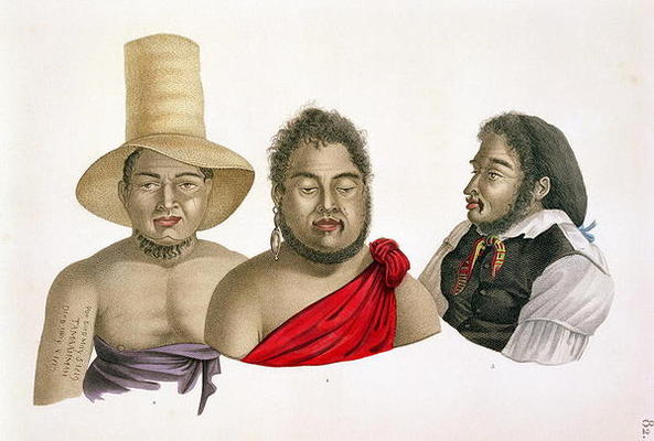 Portraits of chiefs of the Sandwich Islands, from 'Voyage autour du Monde (1817-20)', by Louis Claud de Alphonse Pellion