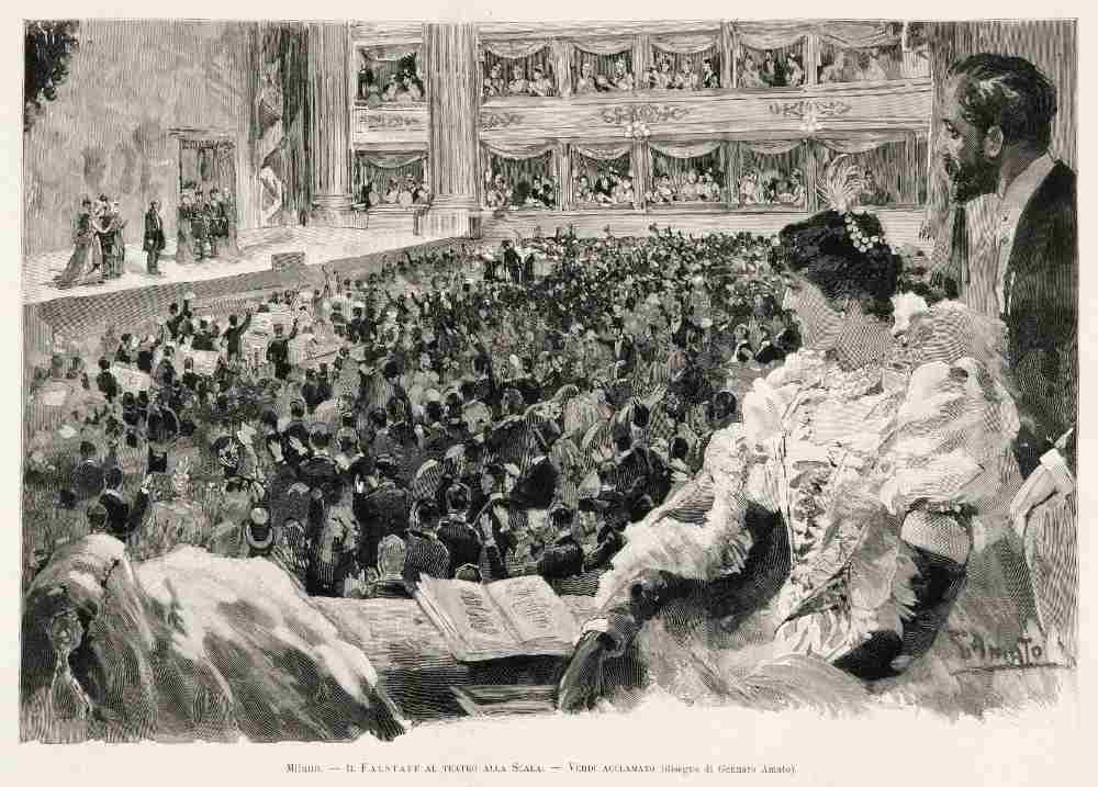 Giuseppe Verdi acclaimed in Teatro della Scala of Milan, following a performance of the opera Falsta de Amato Gennaro
