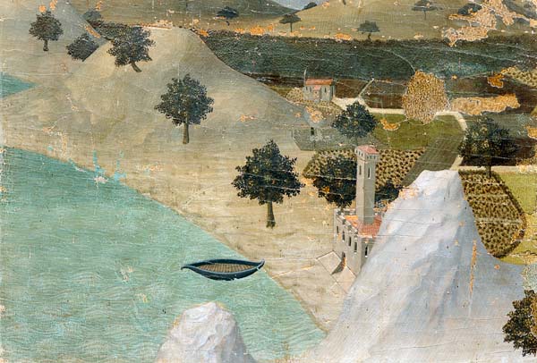 Vista de un castillo al borde de un lago de Ambrogio Lorenzetti