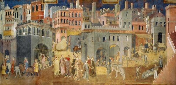 Effects of Good Government in the city (Cycle of frescoes The Allegory of the Good and Bad Governmen de Ambrogio Lorenzetti