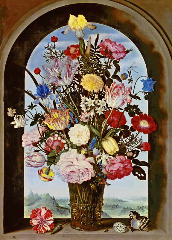 Bouquet of flowers in the window de Ambrosius Bosschaert