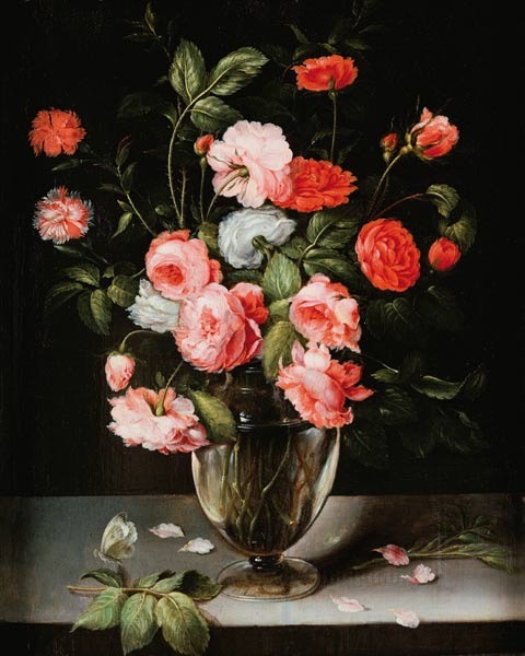 Rosen und Nelken in einer Glasvase auf einem Sims. de Ambrosius Brueghel