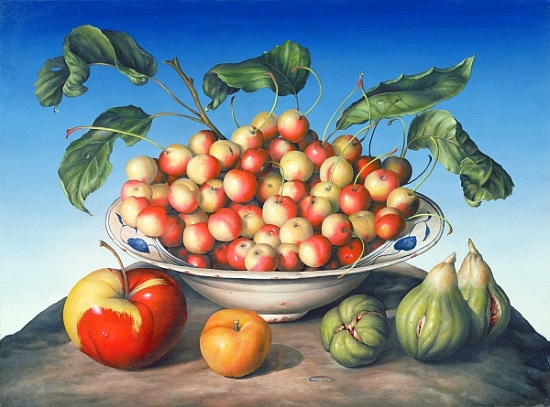 Cherries in Delft bowl with red and yellow apple de  Amelia  Kleiser