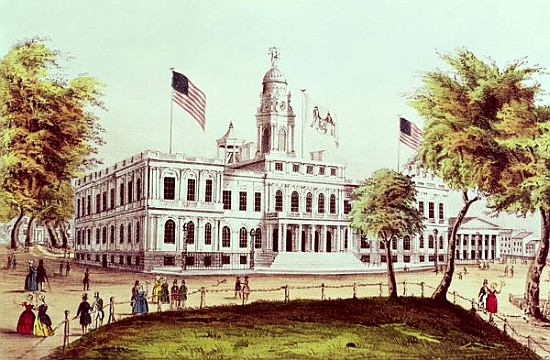 City Hall, New York; engraved by Nathaniel Currier (1813-88) de American School