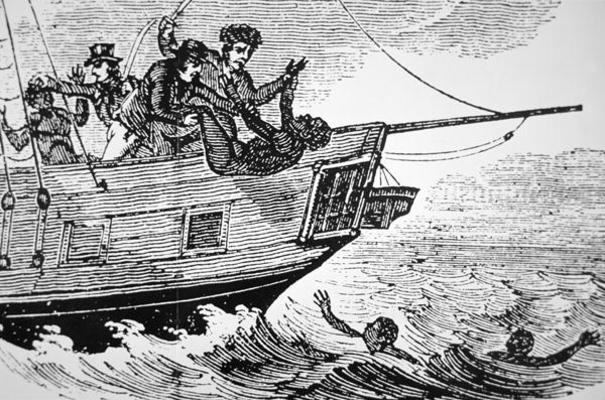 Dumping slaves overboard due to reasons ranging from sickness to rebellion (engraving) de American School