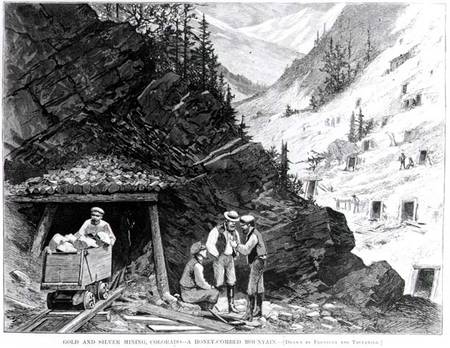 Gold and Silver Mining, Colorado - A Honey-Combed Mountain, from a drawing by Frenzeny and Tavernier de American School