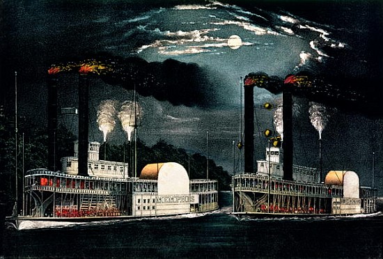 Midnight Race on the Mississippi, published by  Currier and Ives de American School