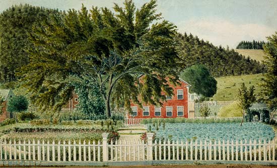 View of a Red House with a Picket Fence de American School