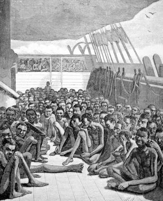 Slaves from Africa packed on the deck of a slaver ship bound for America (engraving) de American School