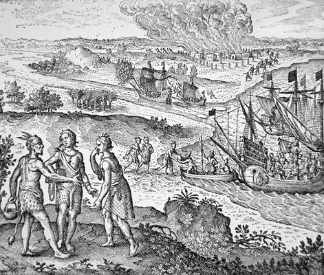 Pocahontas is enticed aboard the English ship to Jamestown (engraving) de American School, (17th century)