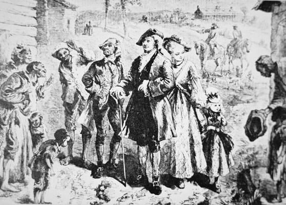 A plantation owner visits his slaves (litho) de American School, (18th century)