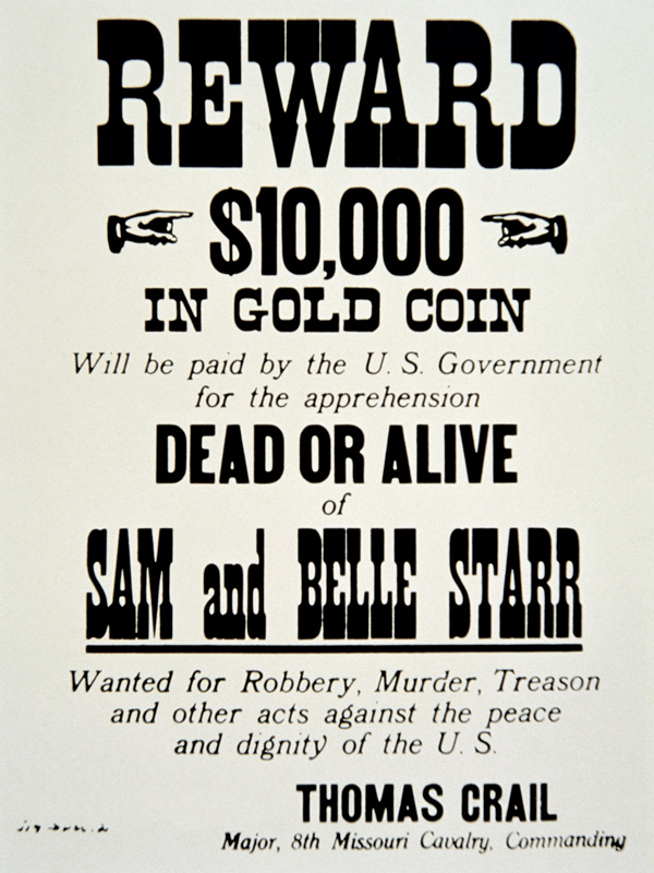 Reward poster for Belle Starr (1848-89) c.1882 (print) de American School, (19th century)