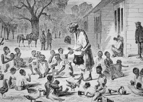 A cook feeding slave children on a Southern plantation, c.1860 (engraving) de American School, (19th century)