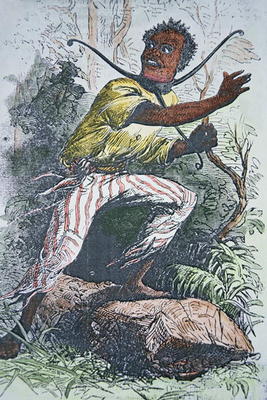 A runaway slave in the USA wearing a pronged slave-collar to hamper escape (colour litho) de American School, (19th century)