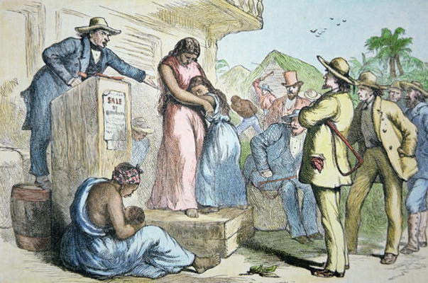 A slave auction in the Deep South, c.1850 (coloured engraving) de American School, (19th century)