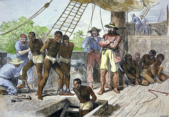 African slaves being taken on board ship bound for USA (coloured engraving) de American School, (19th century)