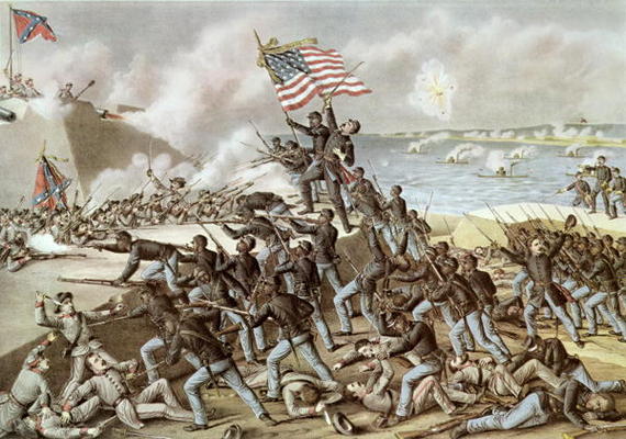 Black troops of the 54th Massachusetts Regiment during the assault of Fort Wagner, South Carolina, 1 de American School, (19th century)