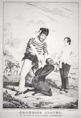 Branding slaves on the coast of Africa, prior to embarkation, 1845 (litho) de American School, (19th century)