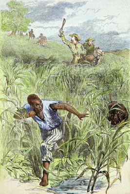 Hunting an escaped slave with dogs (coloured engraving) de American School, (19th century)